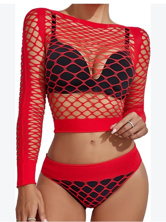 Other - NWT Red Fishnet Long Sleeve Crop Top & Bottom Set OS